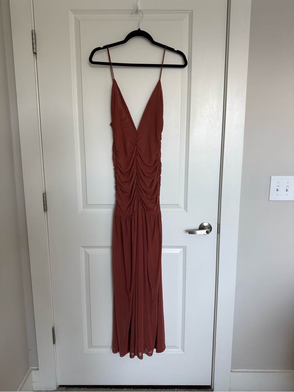 Ruched Spaghetti-Strap Maxi Dress with Drop Waist